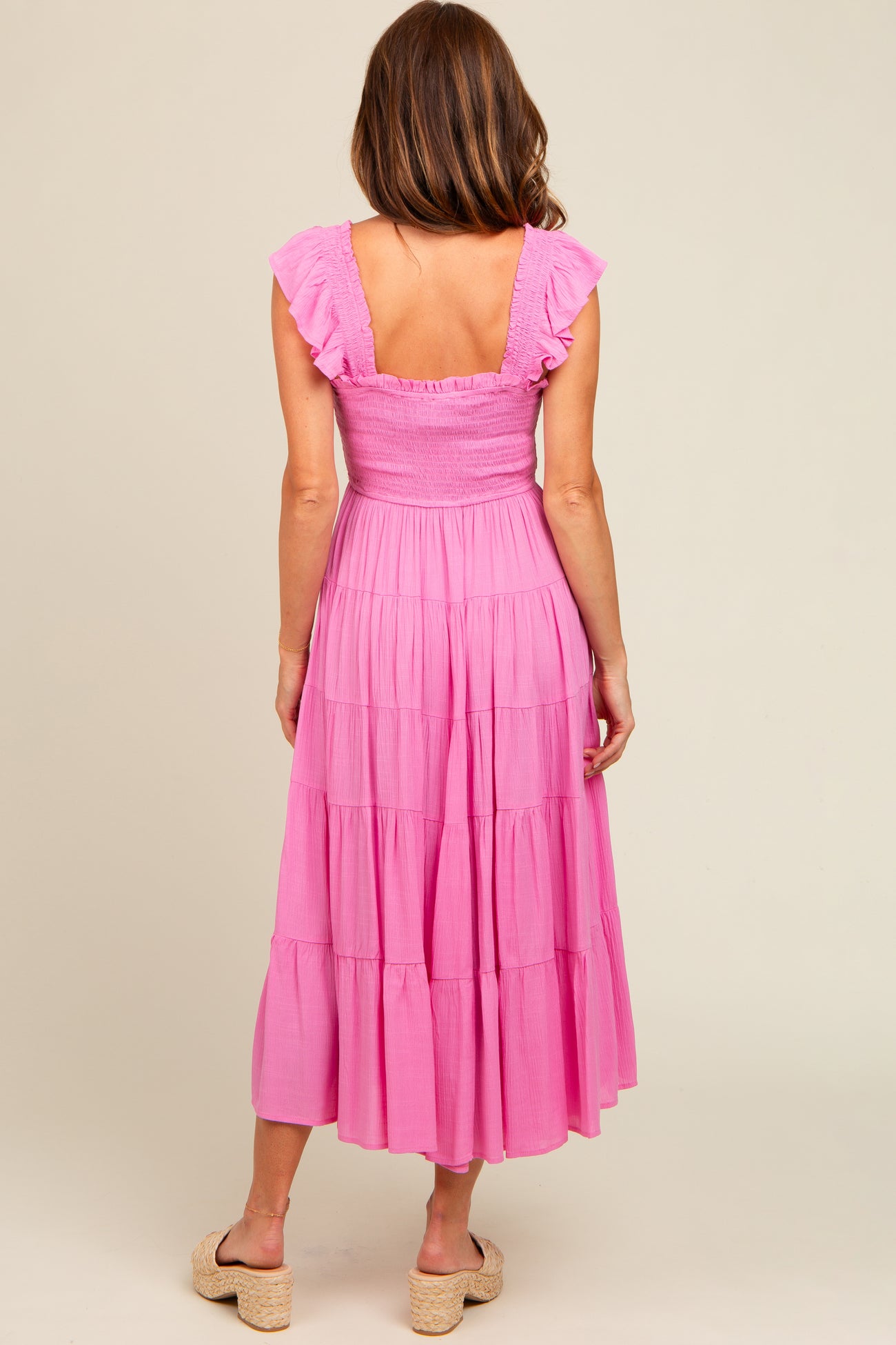 Fuchsia Smocked Tiered Ruffle Strap Midi Dress