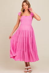 Fuchsia Smocked Tiered Ruffle Strap Maternity Midi Dress