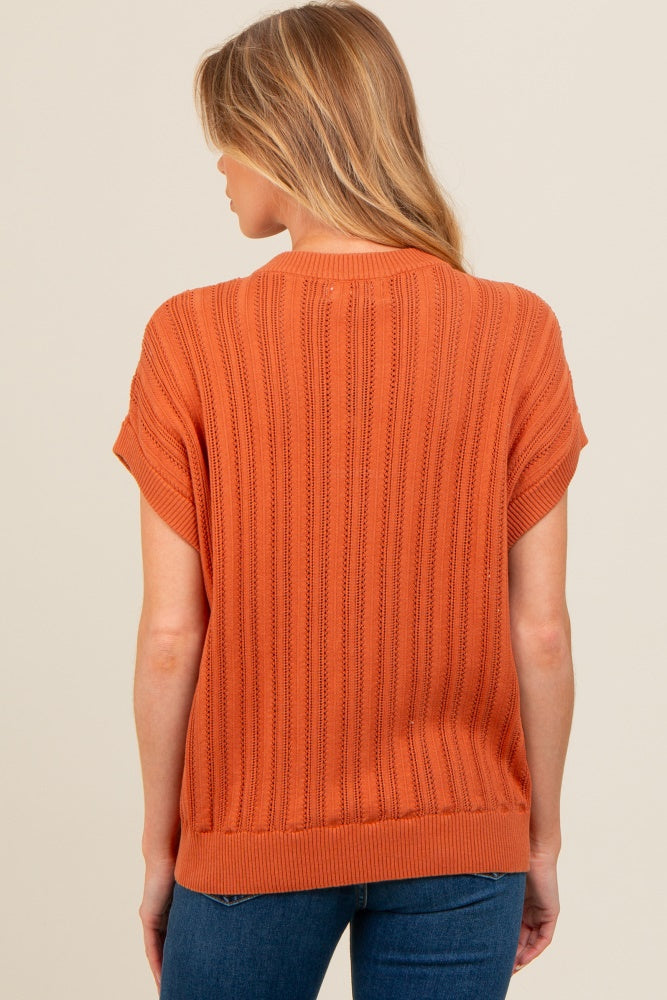 Rust Crochet Knit Short Sleeve Sweater Maternity Top