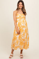 Yellow Floral Pleated Front Back Cut-Out Maternity Midi Dress