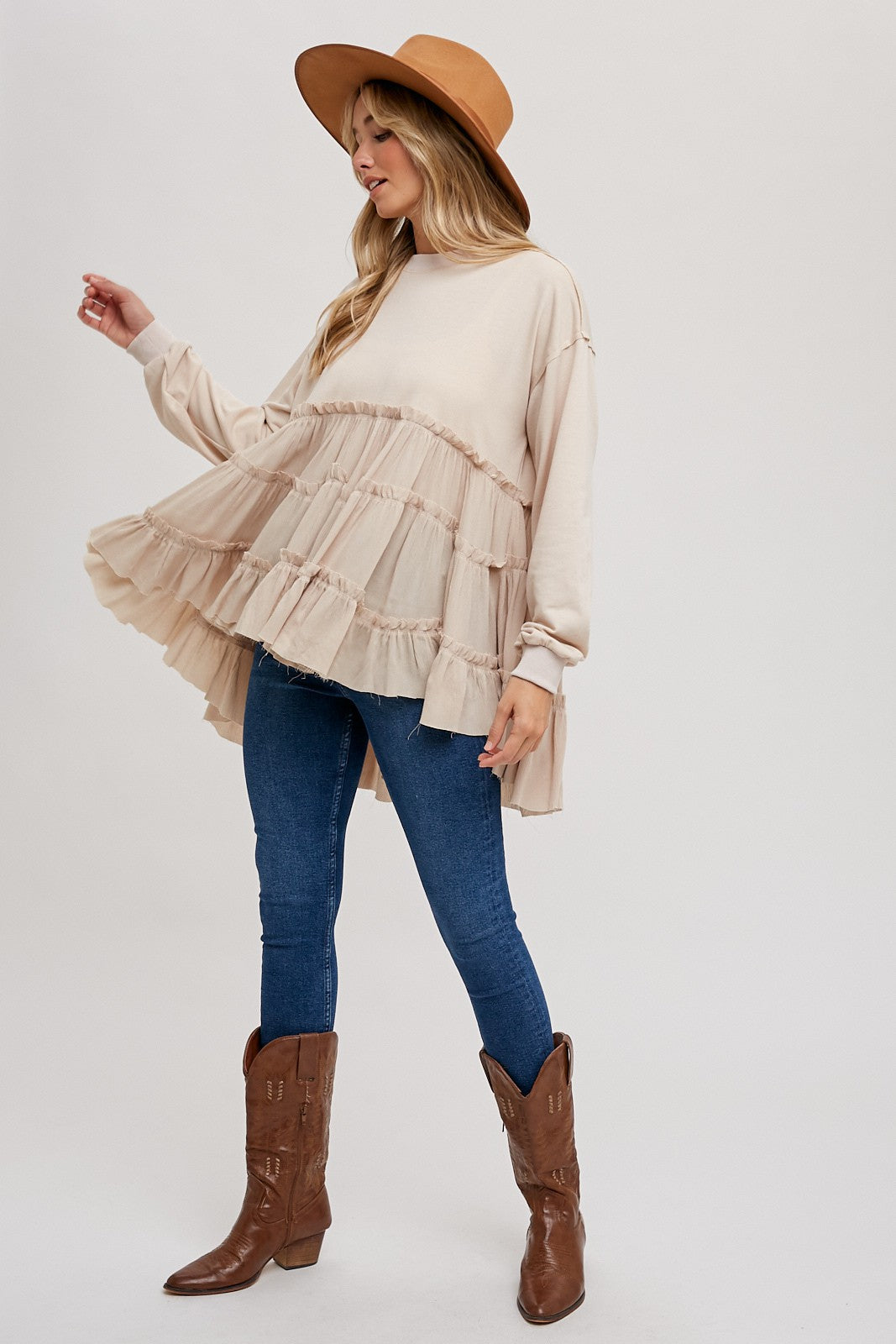 Oatmeal Tierd Ruffle Hem Sweatshirt