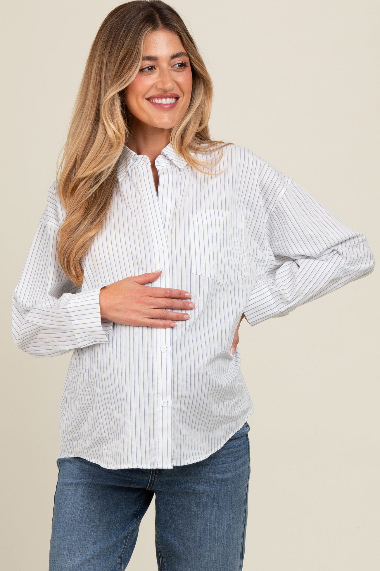 White Striped Maternity Button Down Top