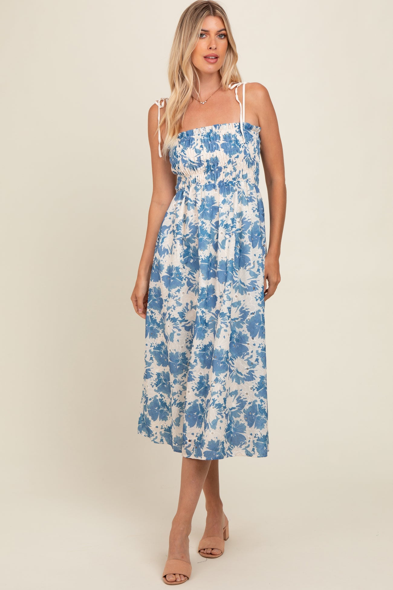 Cream Floral Smocked Maternity Midi Dress