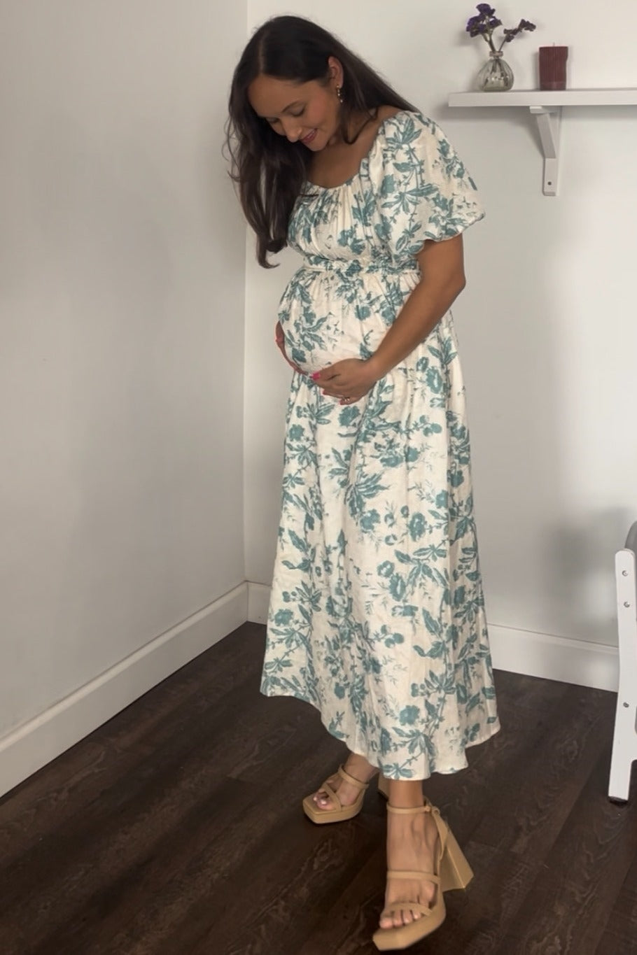 Teal Floral Puff Sleeve Maternity Midi Dress