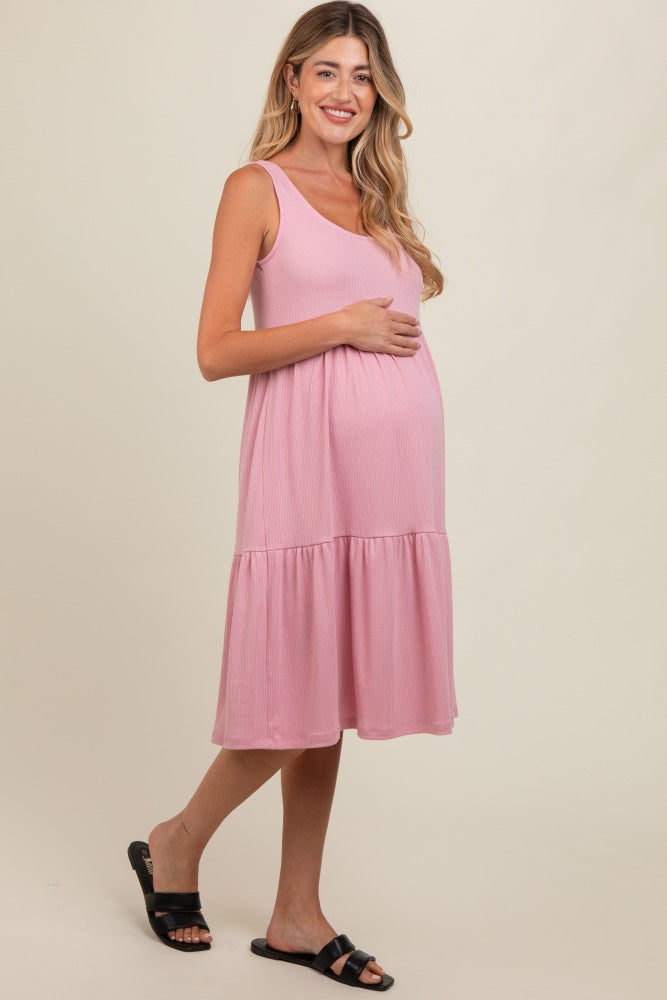 Pink Tiered Sleeveless Maternity Midi Dress