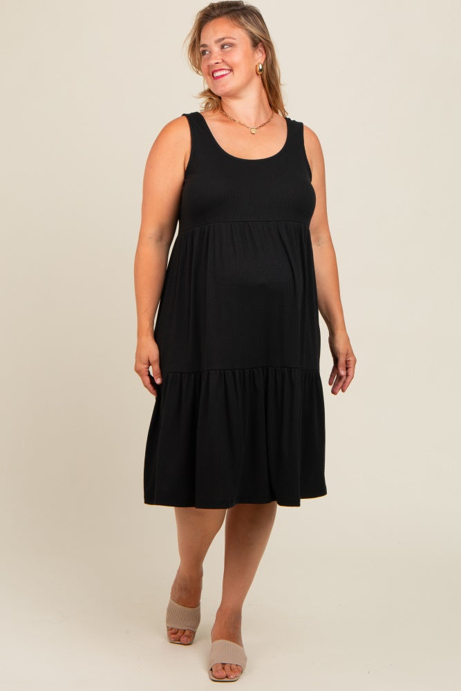 Black Tiered Sleeveless Maternity Plus Midi Dress
