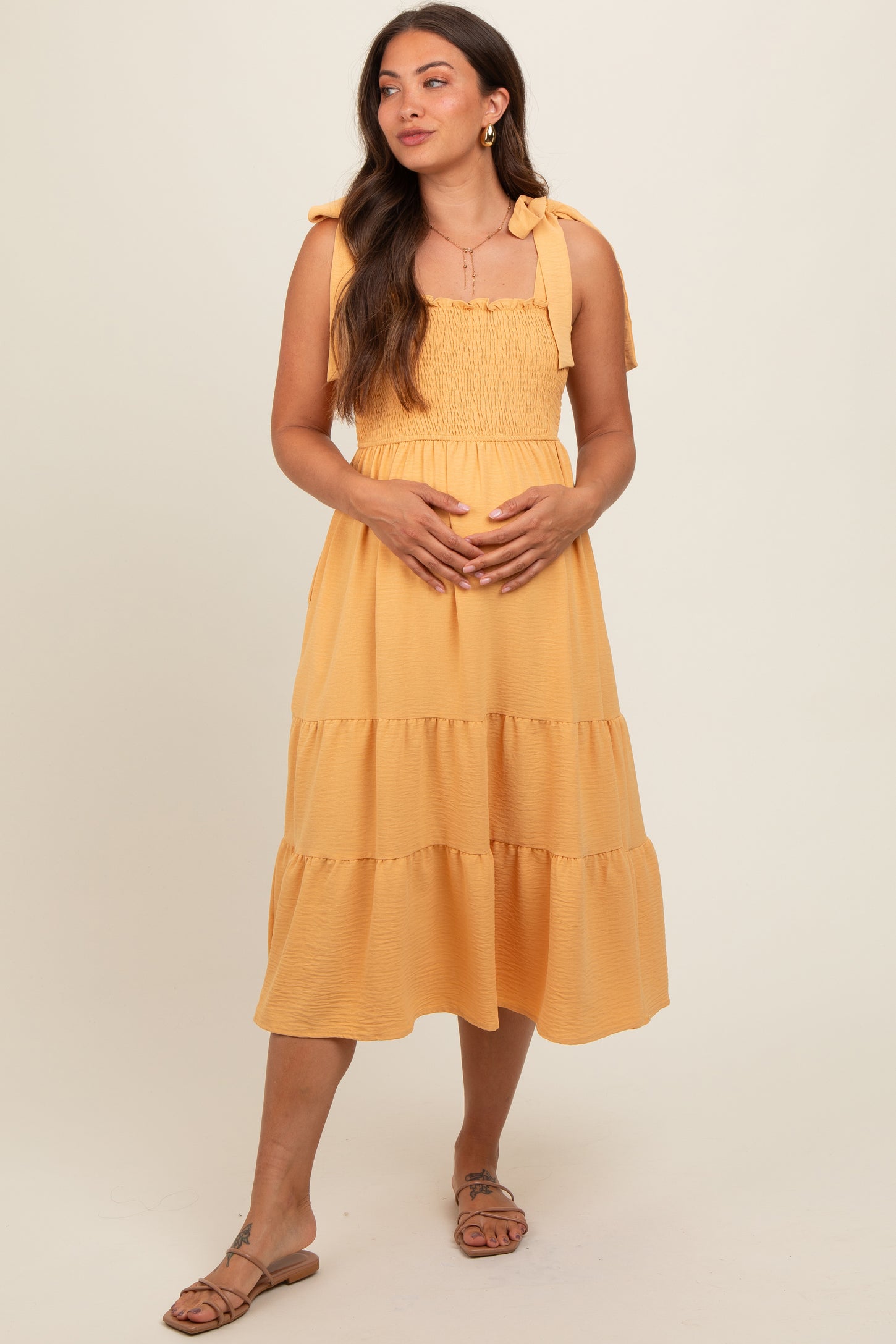 Yellow Smocked Tie Strap Tiered Maternity Midi Dress