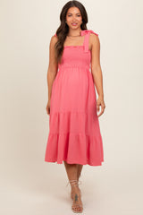 Salmon Smocked Tie Strap Tiered Maternity Midi Dress