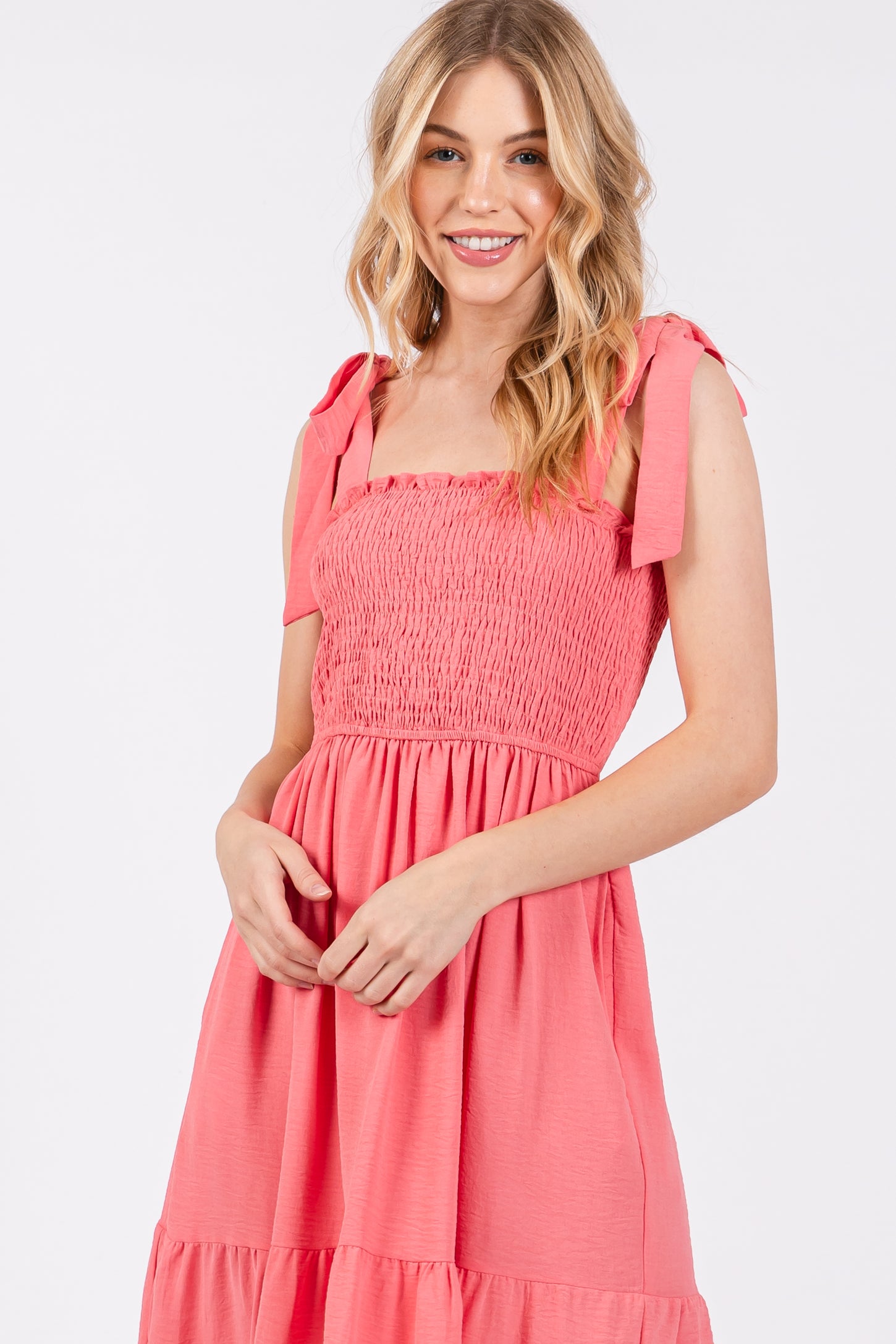 Salmon Smocked Tie Strap Tiered Midi Dress