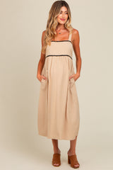 Beige Contrast Trim Maternity Midi Dress