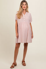 Light Pink Striped Button Front Maternity Dress