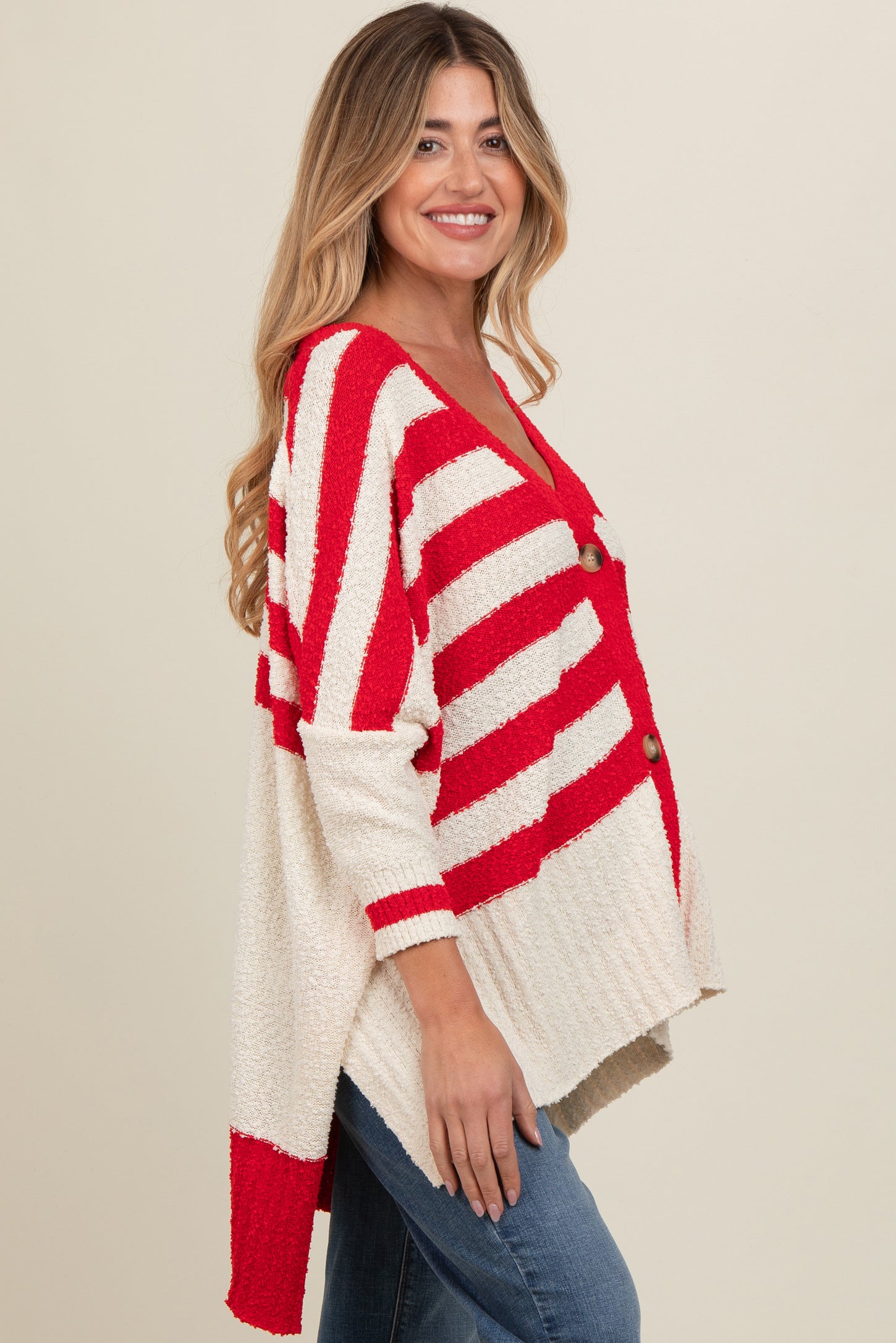 Red Textured Knit Striped Oversized Maternity Cardigan