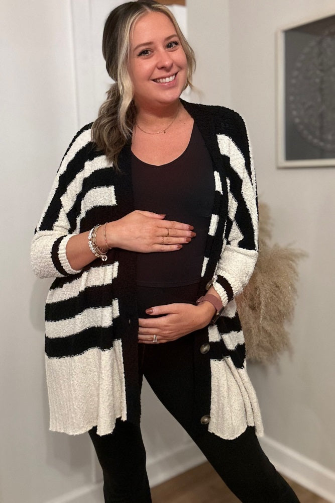 Black Textured Knit Striped Oversized Maternity Cardigan