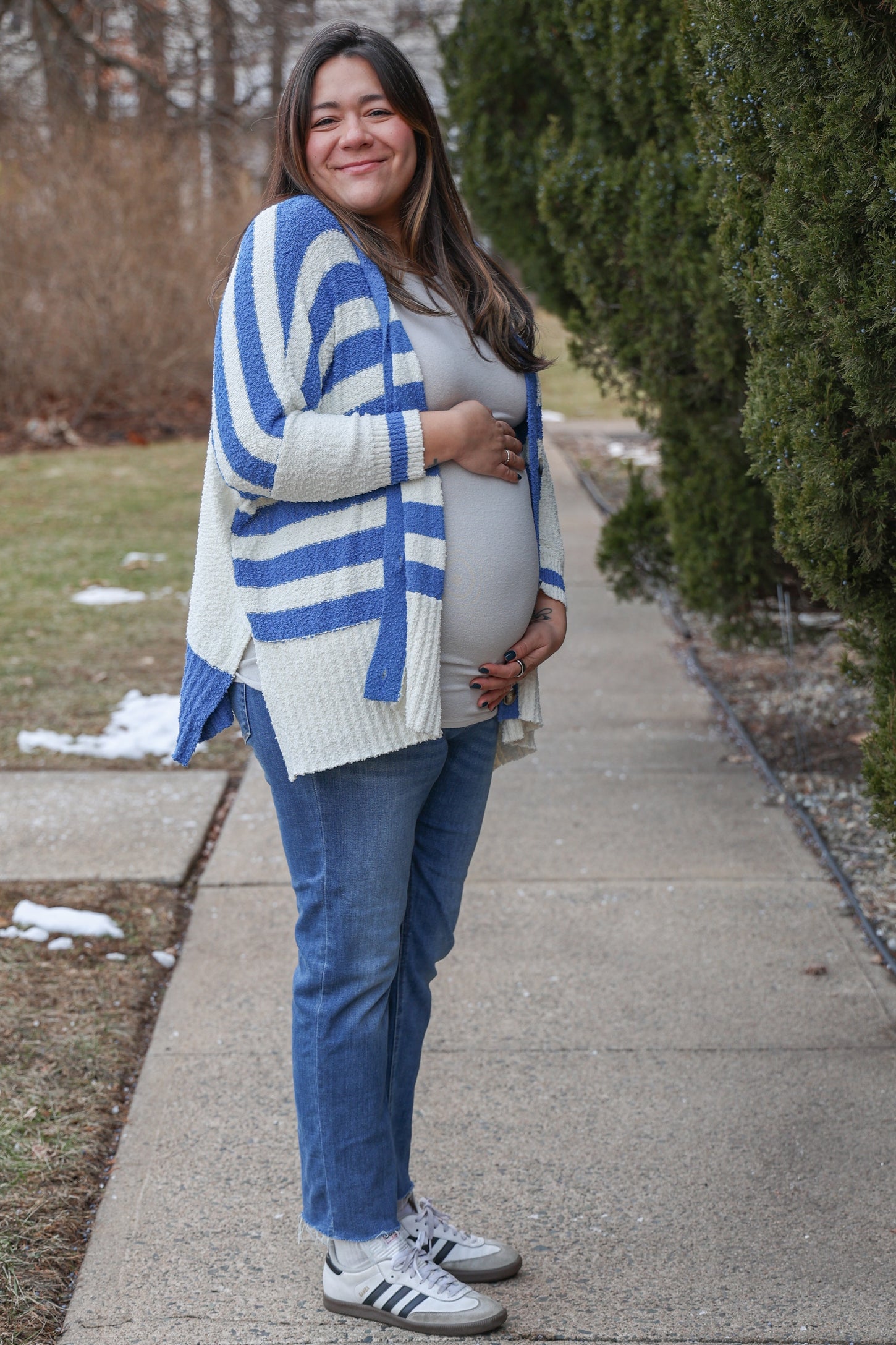 Blue Textured Knit Striped Oversized Maternity Cardigan