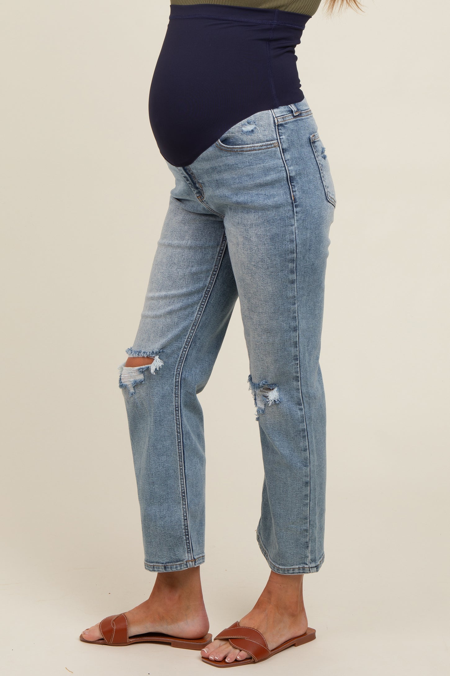 Blue Open Knee Ankle Straight Leg Maternity Jeans