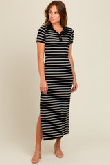Black Striped Collared Side Slit Maxi Dress