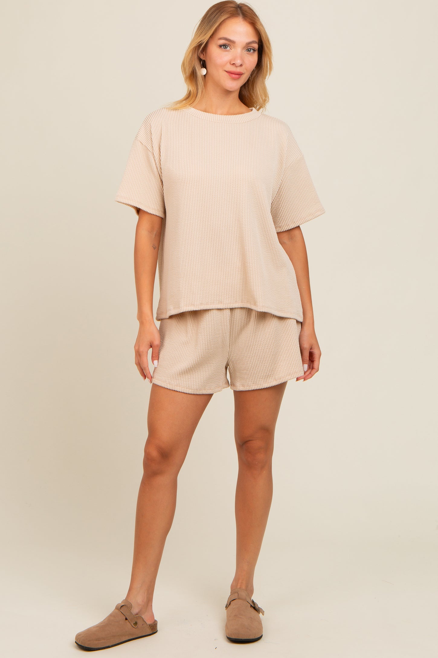 Ivory Ribbed Maternity Shorts Set