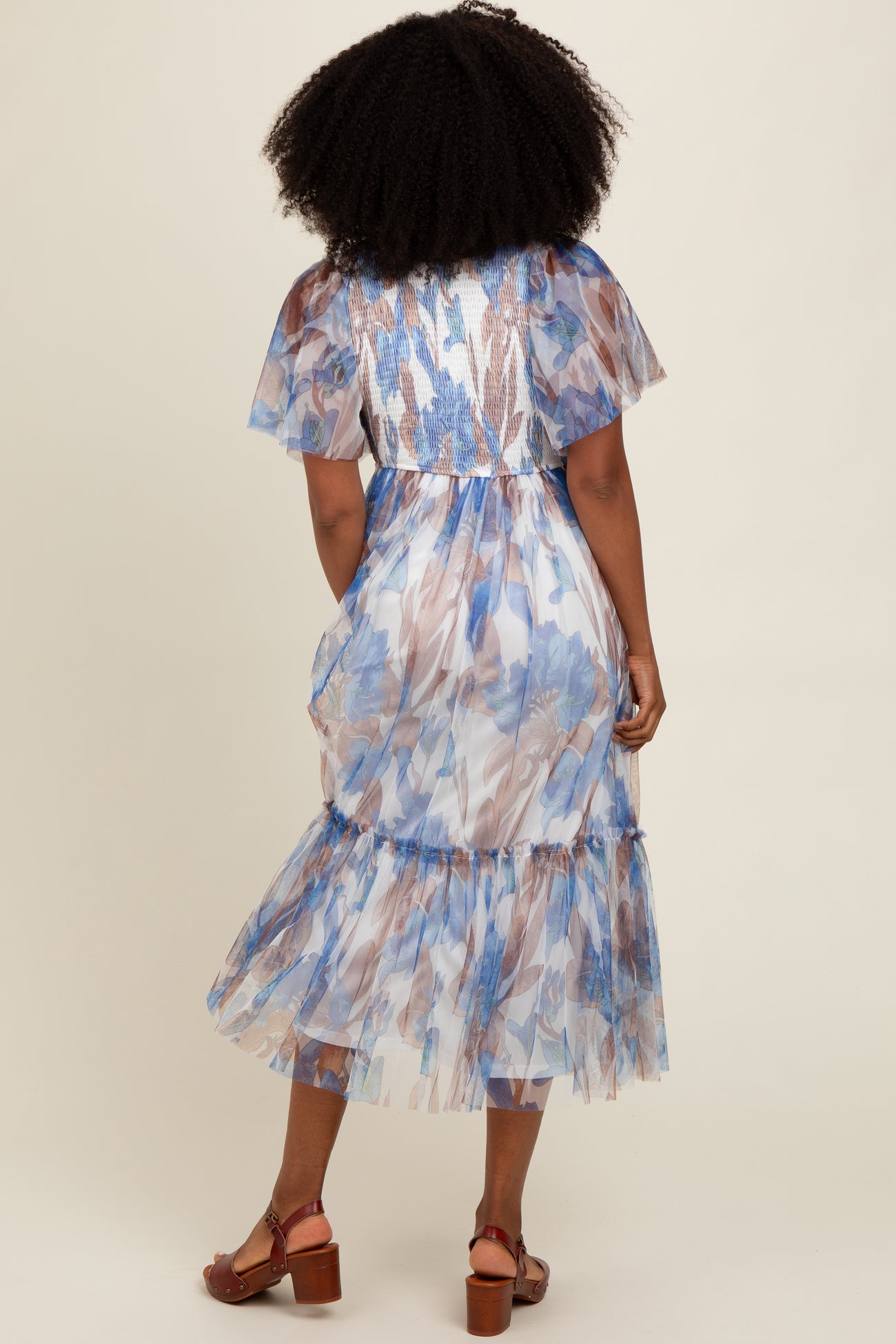 White Leaf Print Mesh Smocked Midi Dress