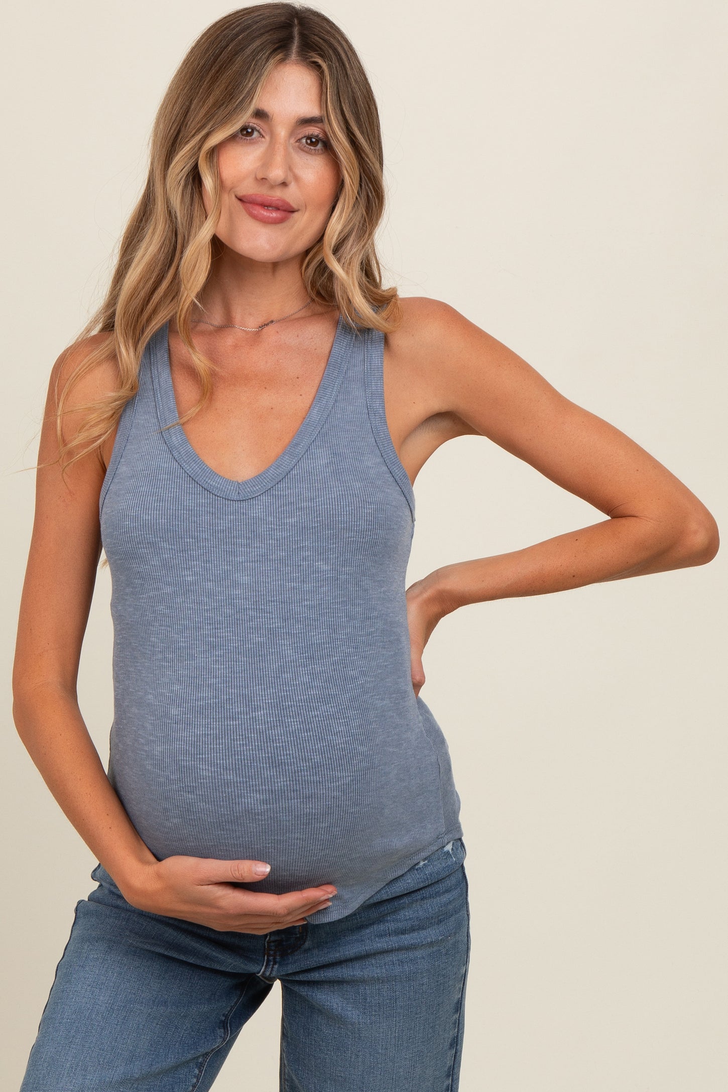 Blue V-Neck Ribbed Maternity Tank Top