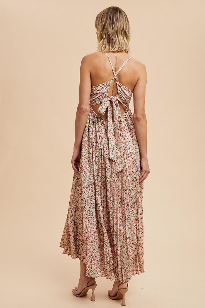 Coral Floral Pleated Cutout Back Maxi Dress