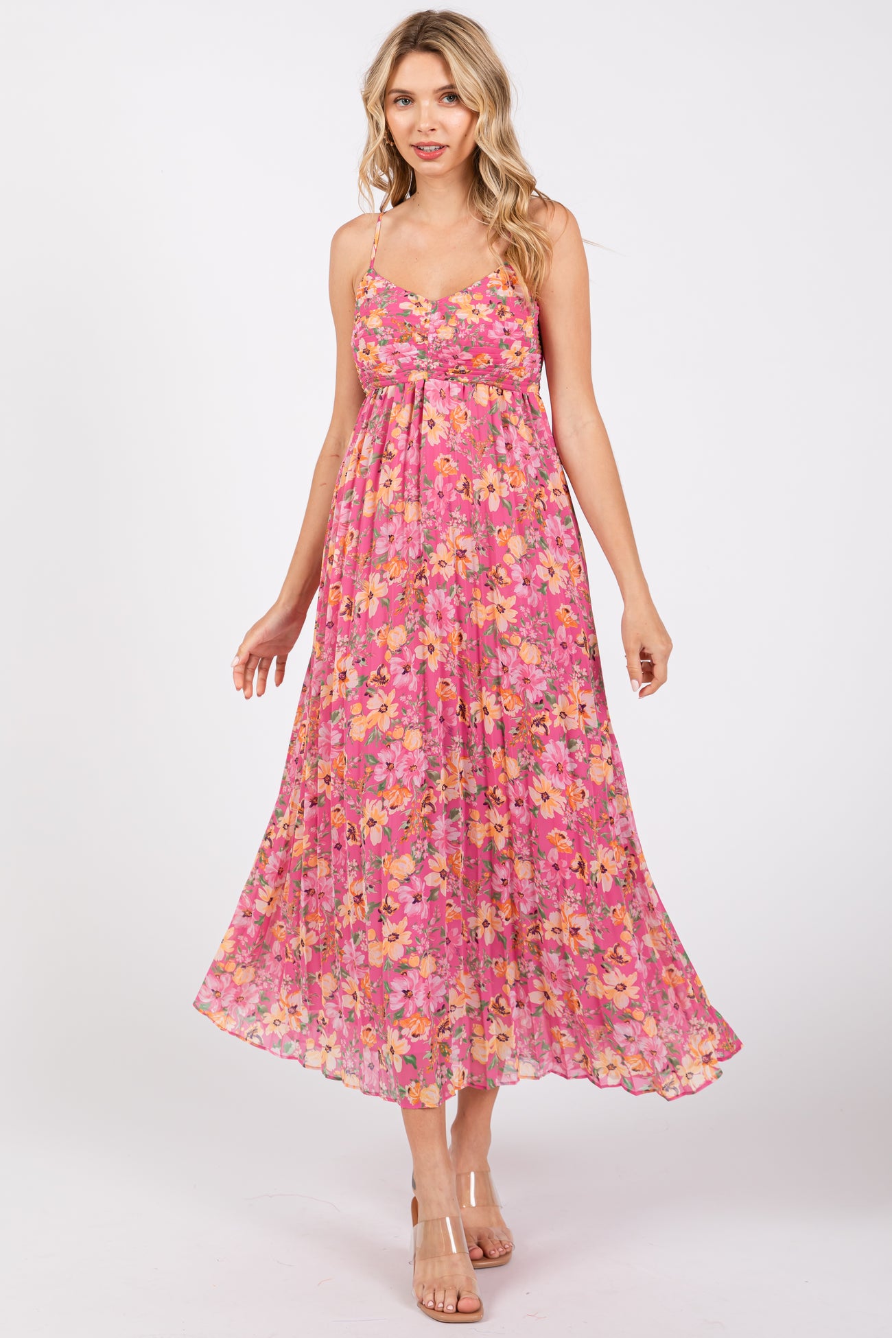 Pink Floral Pleated Maternity Maxi Dress