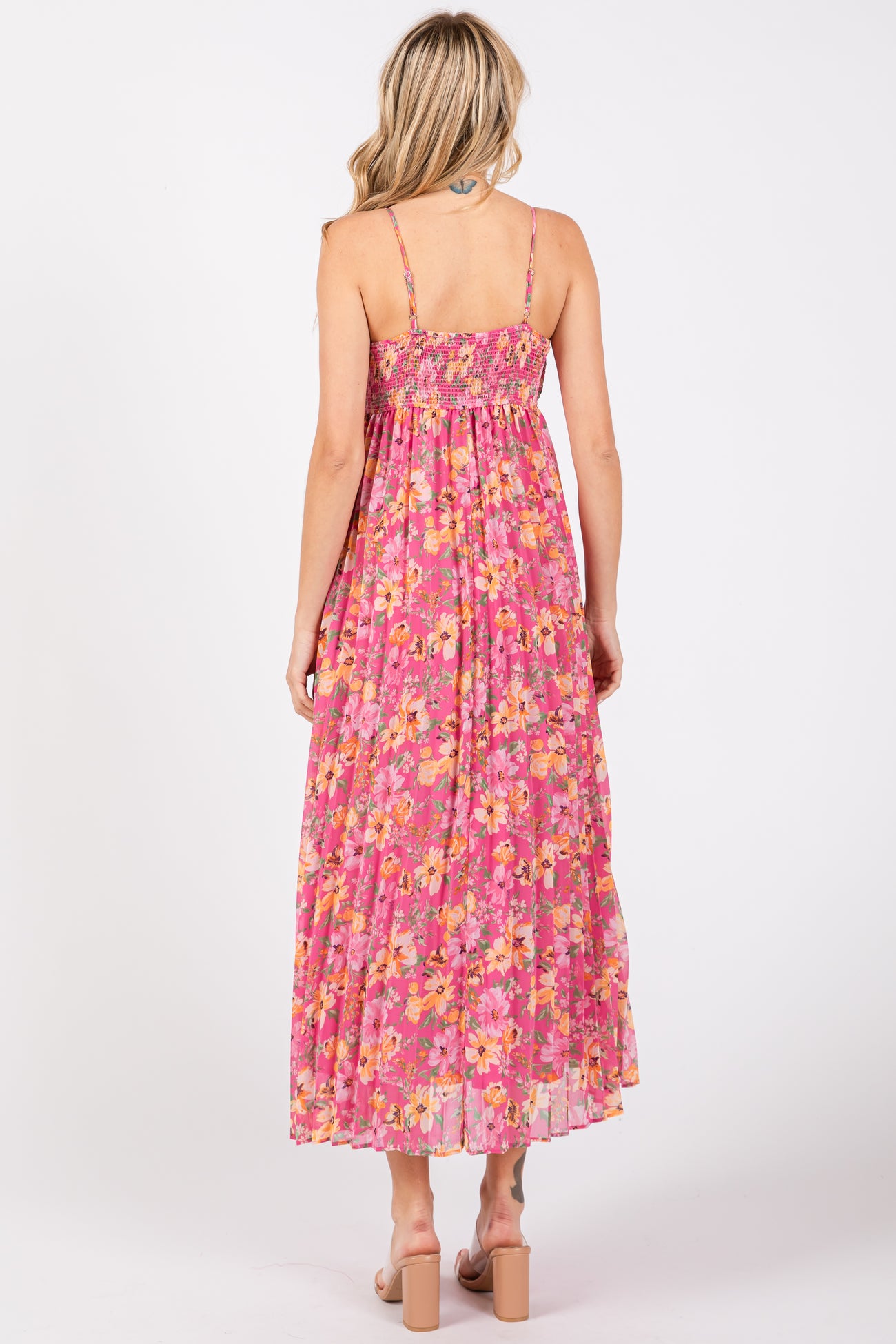 Pink Floral Pleated Maxi Dress