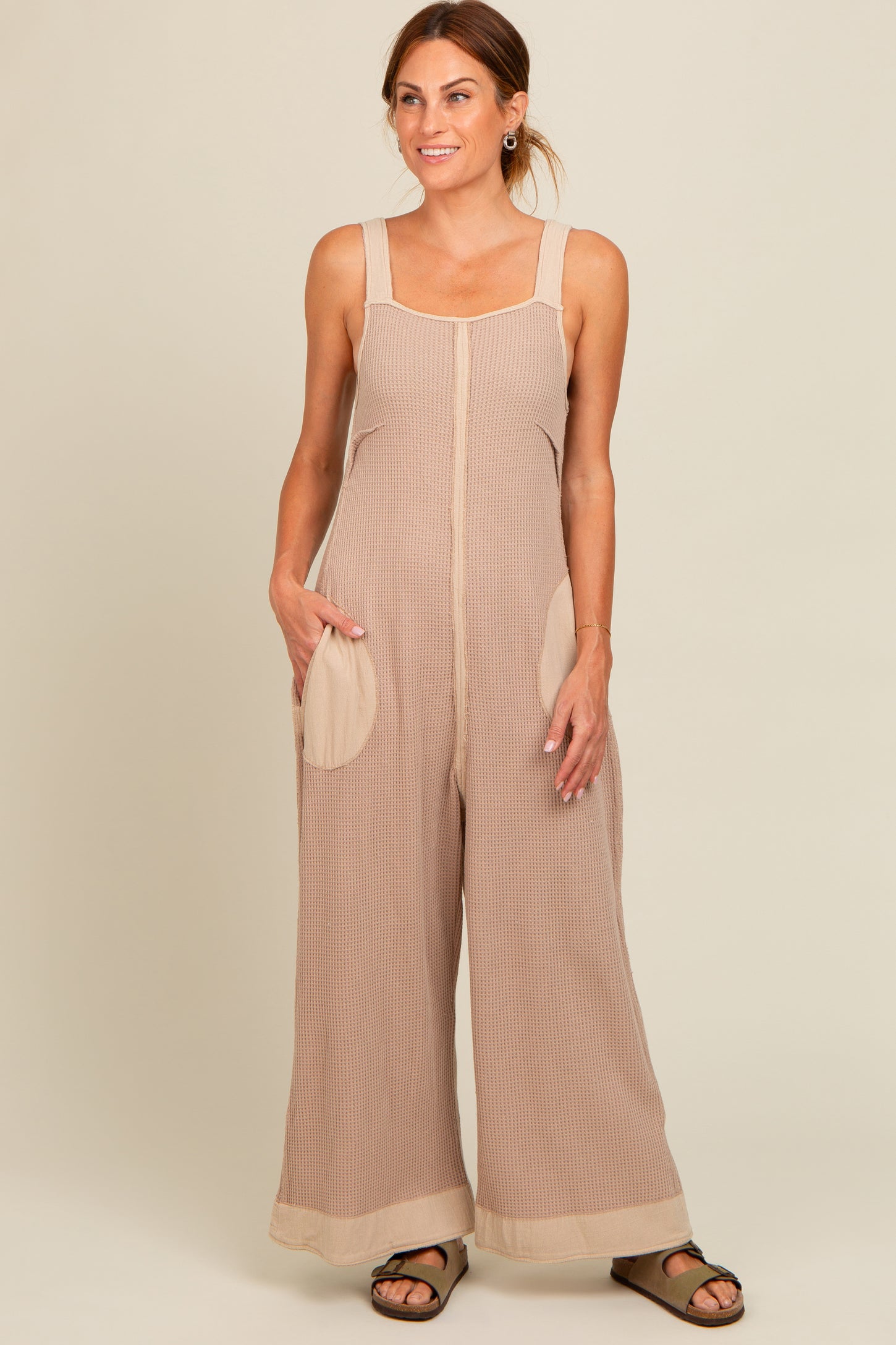 Beige Waffle Knit Wide Leg Maternity Jumpsuit