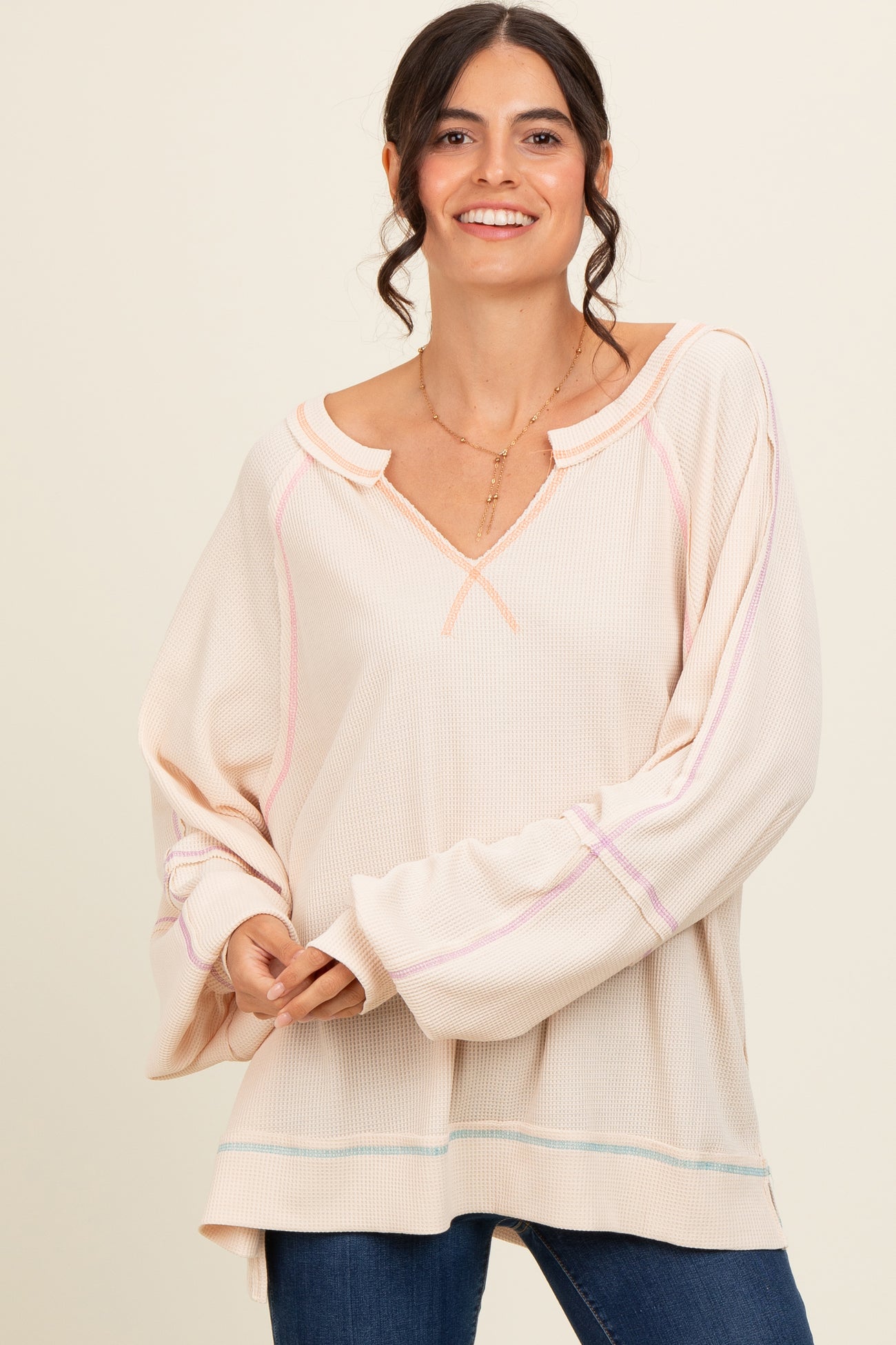 Cream Split Neck Oversized Maternity Long Sleeve Top
