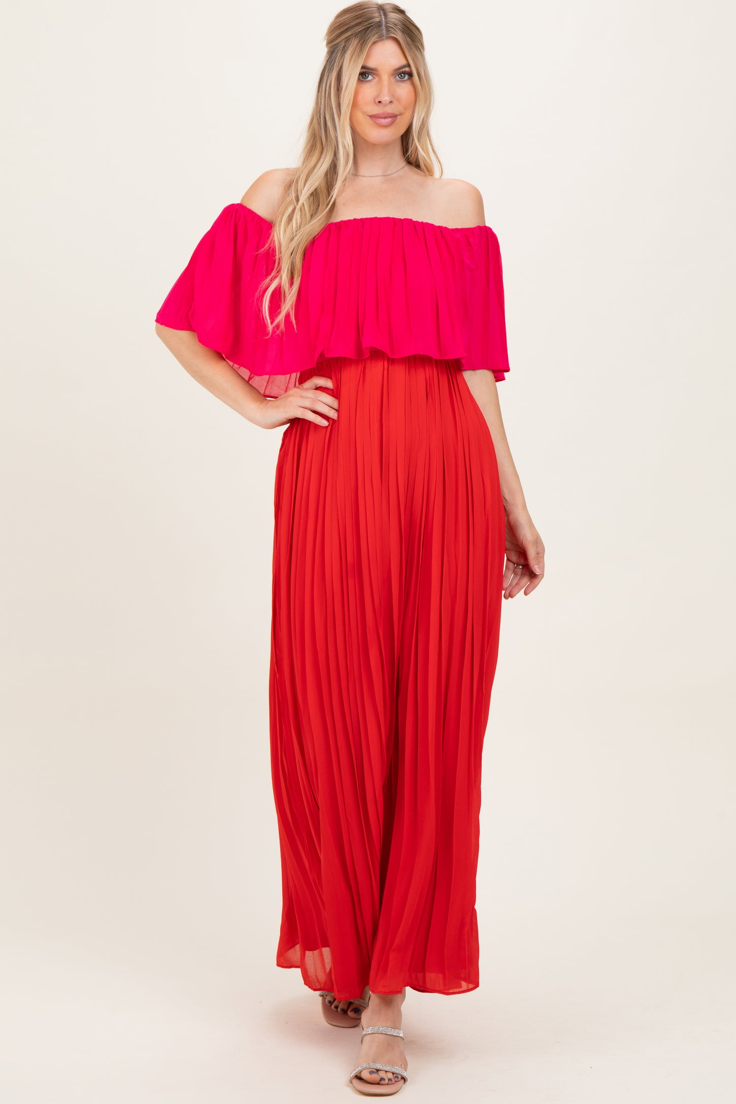 Red Pleated Off Shoulder Colorblock Maternity Maxi Dress