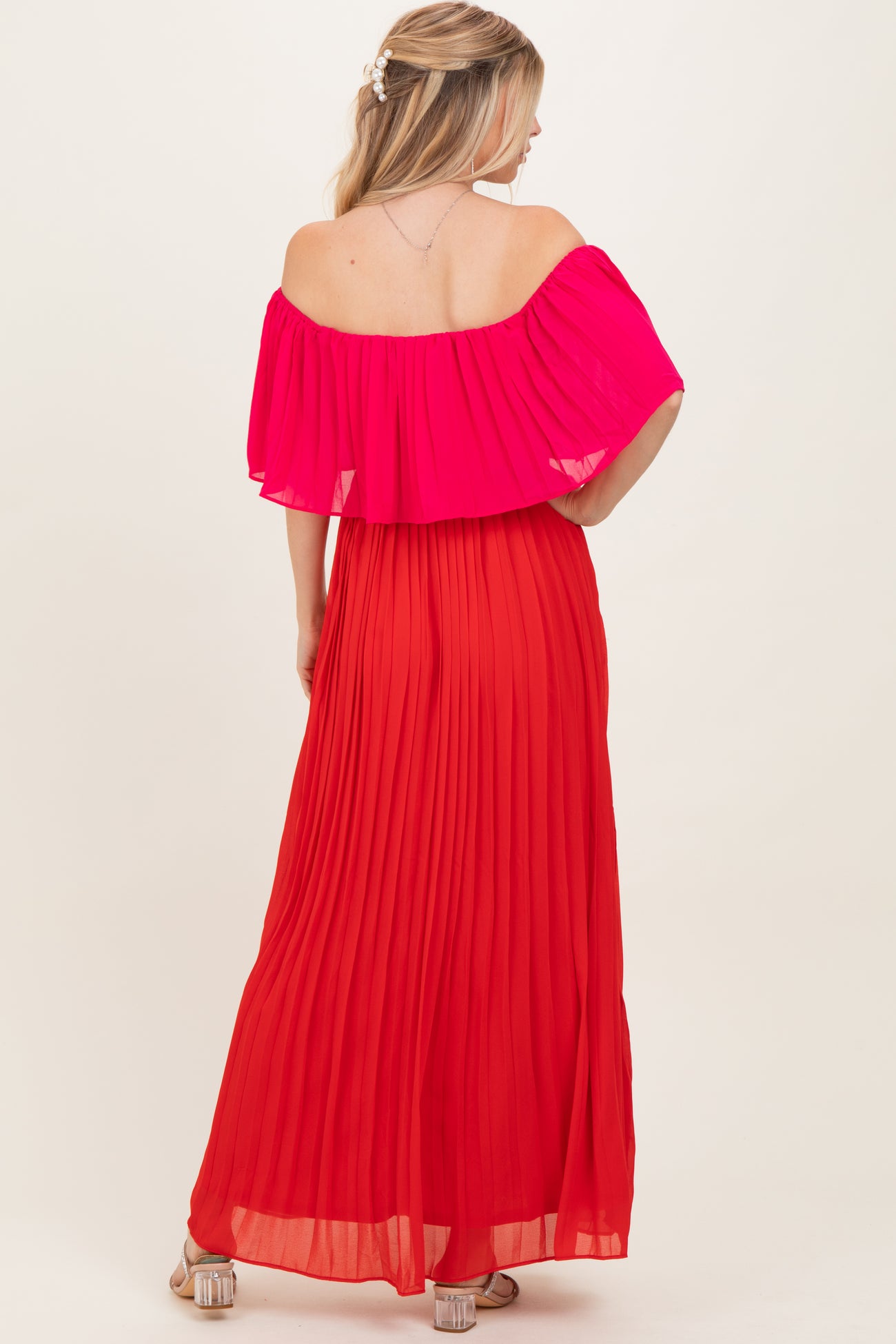 Red Pleated Off Shoulder Colorblock Maxi Dress