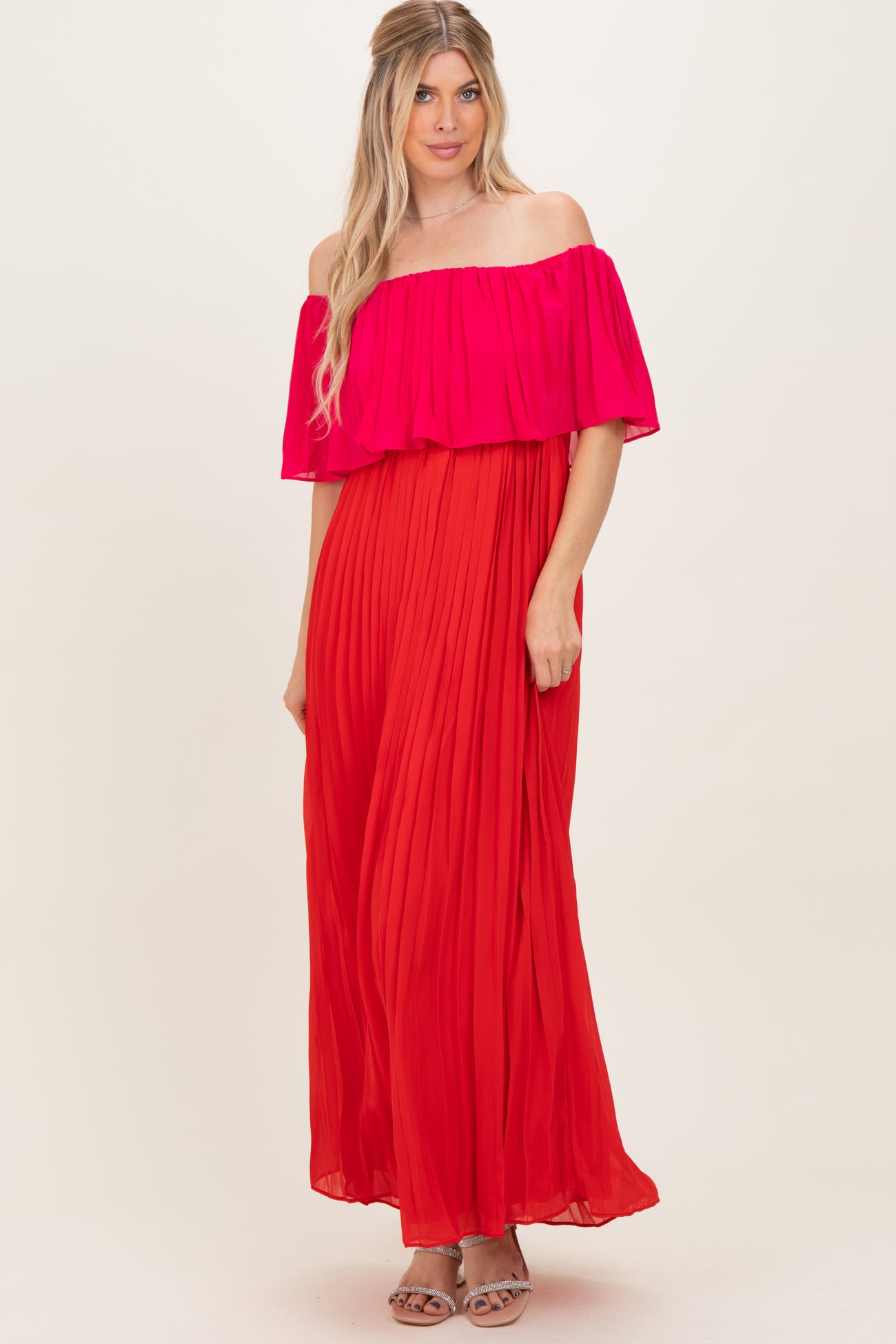 Red Pleated Off Shoulder Colorblock Maxi Dress