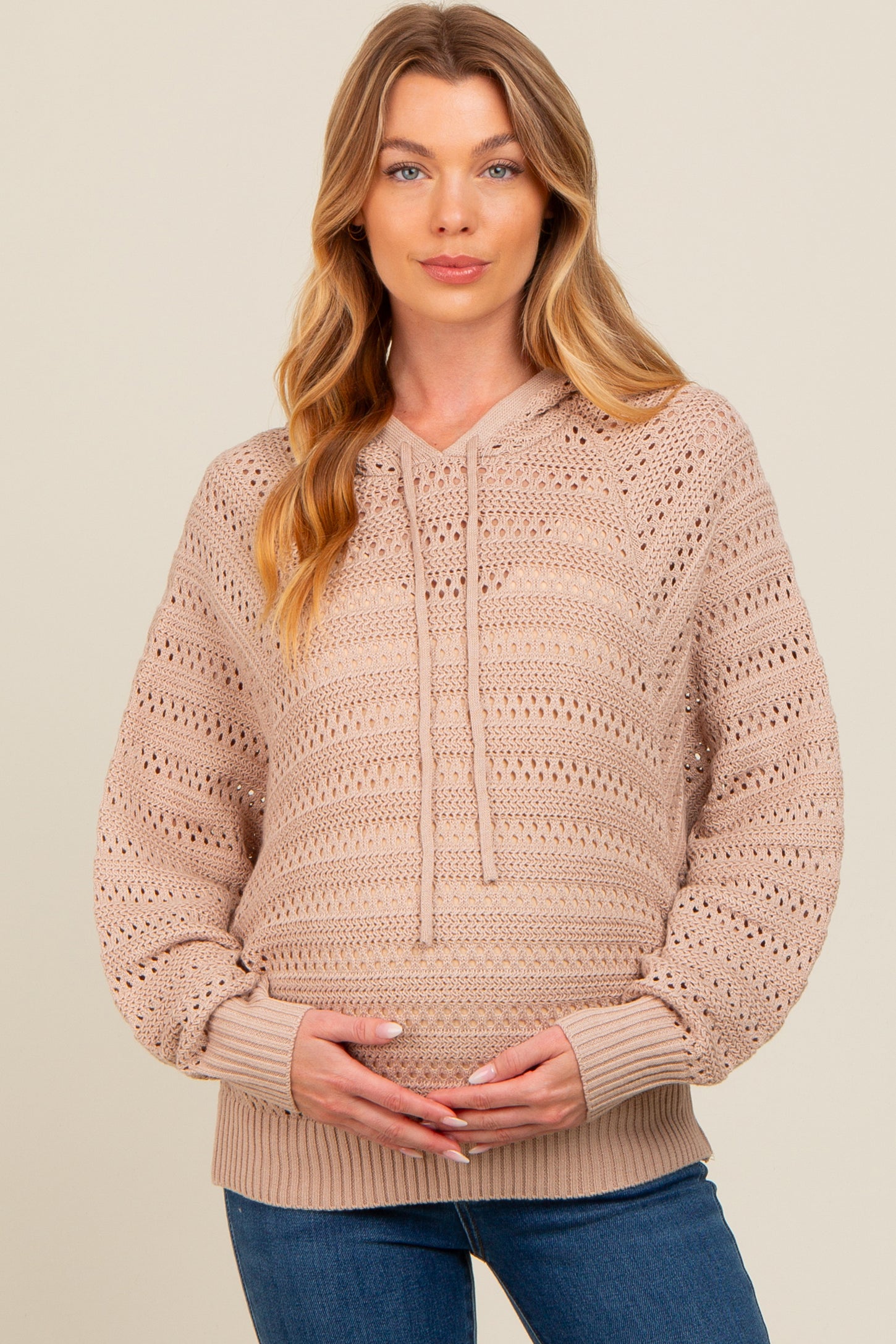 Beige Pointelle Knit Maternity Sweater