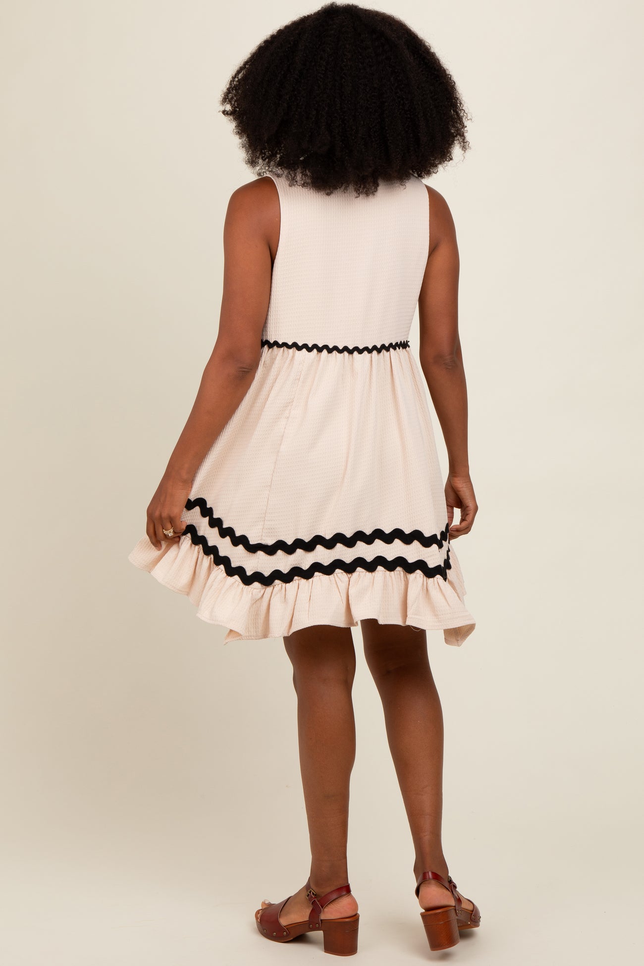 Cream Contrast Wavy Trim Mini Dress