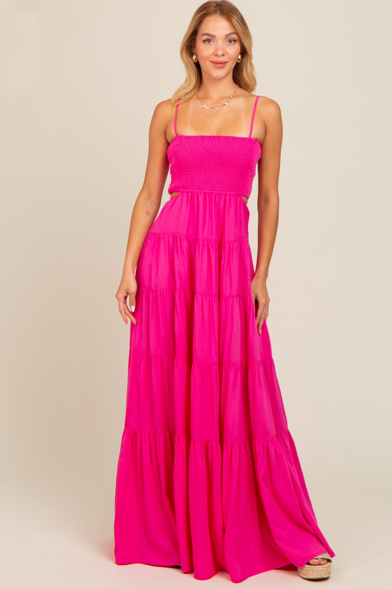 Pink Smocked Cutout Maxi Dress