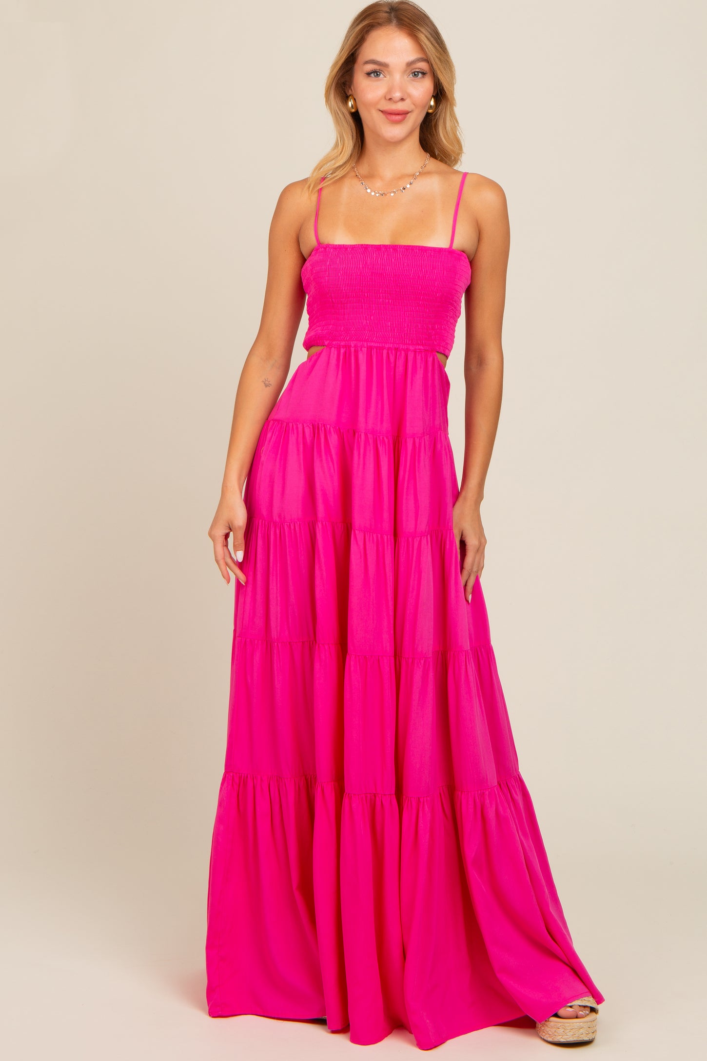 Pink Smocked Cutout Maxi Dress