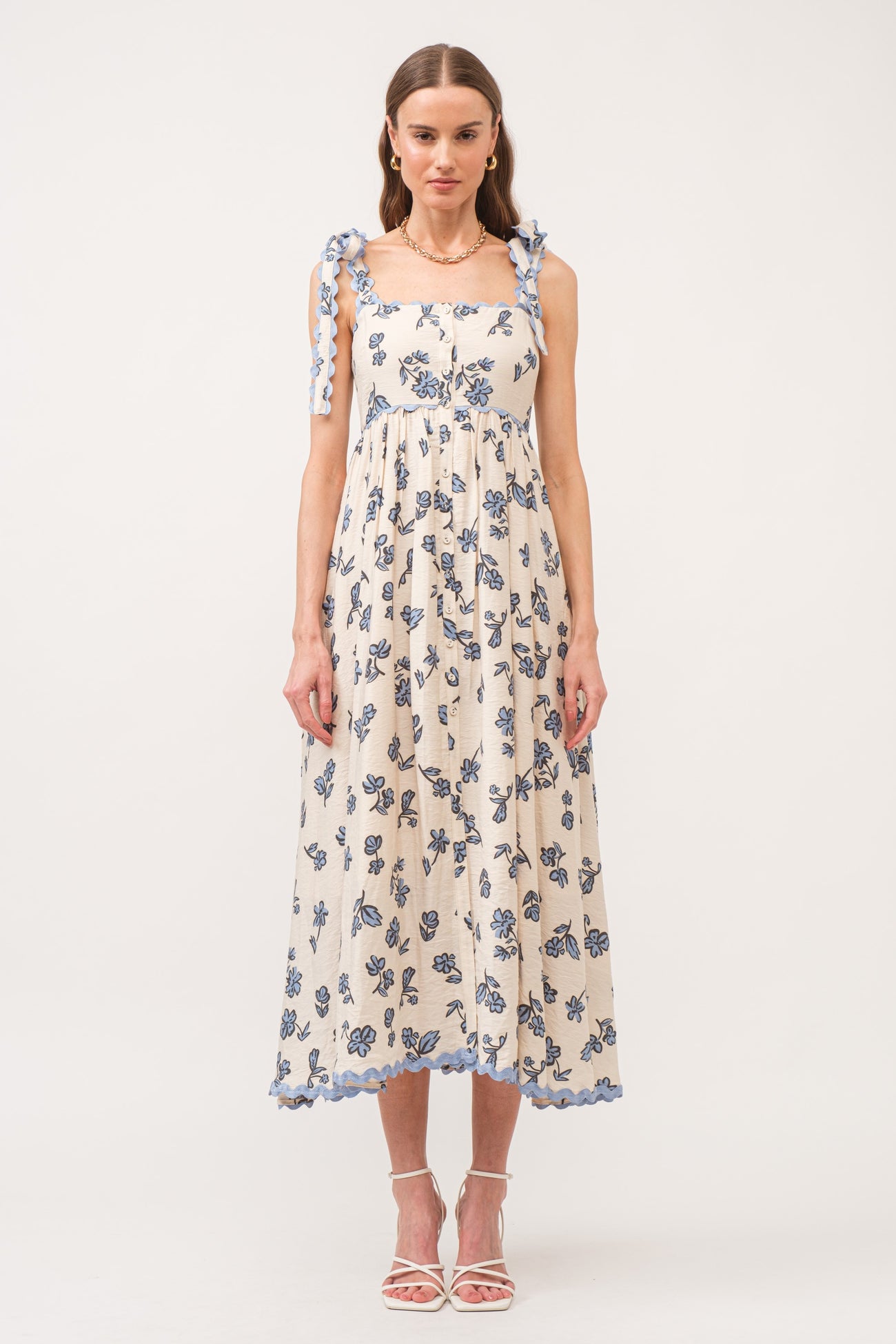 Blue Button Front Midi Dress