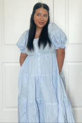 Light Blue Contrast Top Tiered Midi Dress