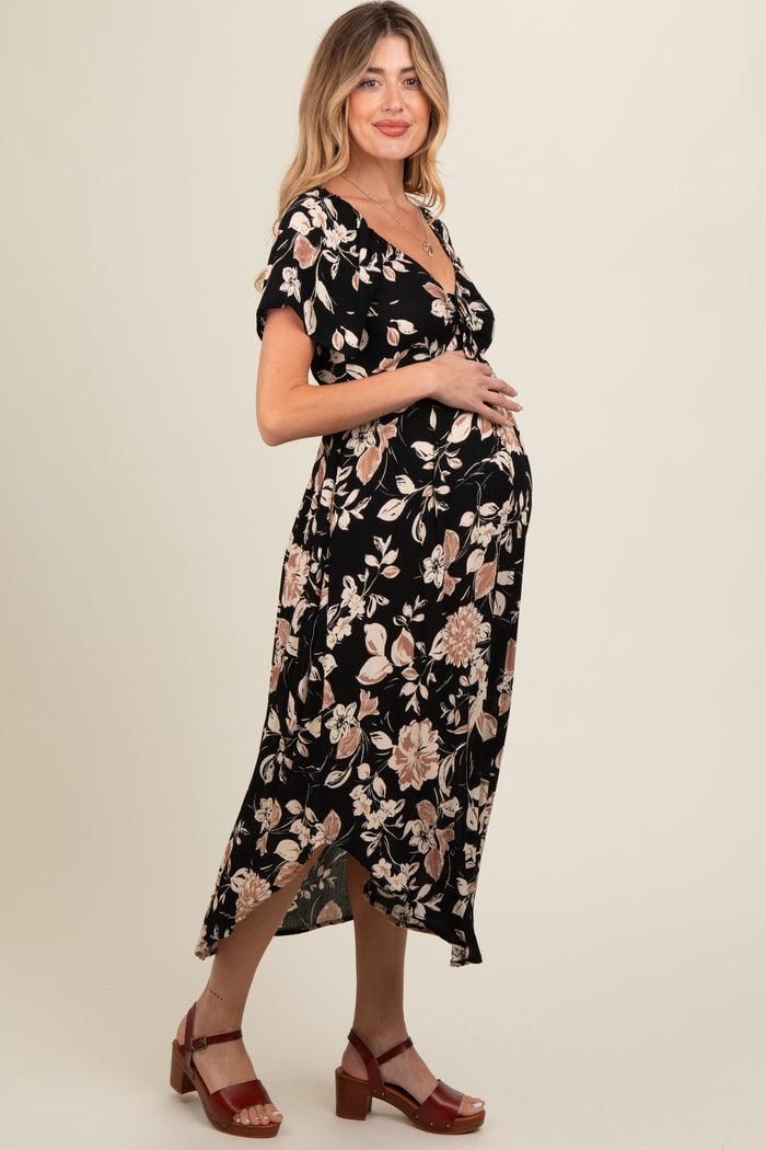 Black Floral Maternity Midi Dress