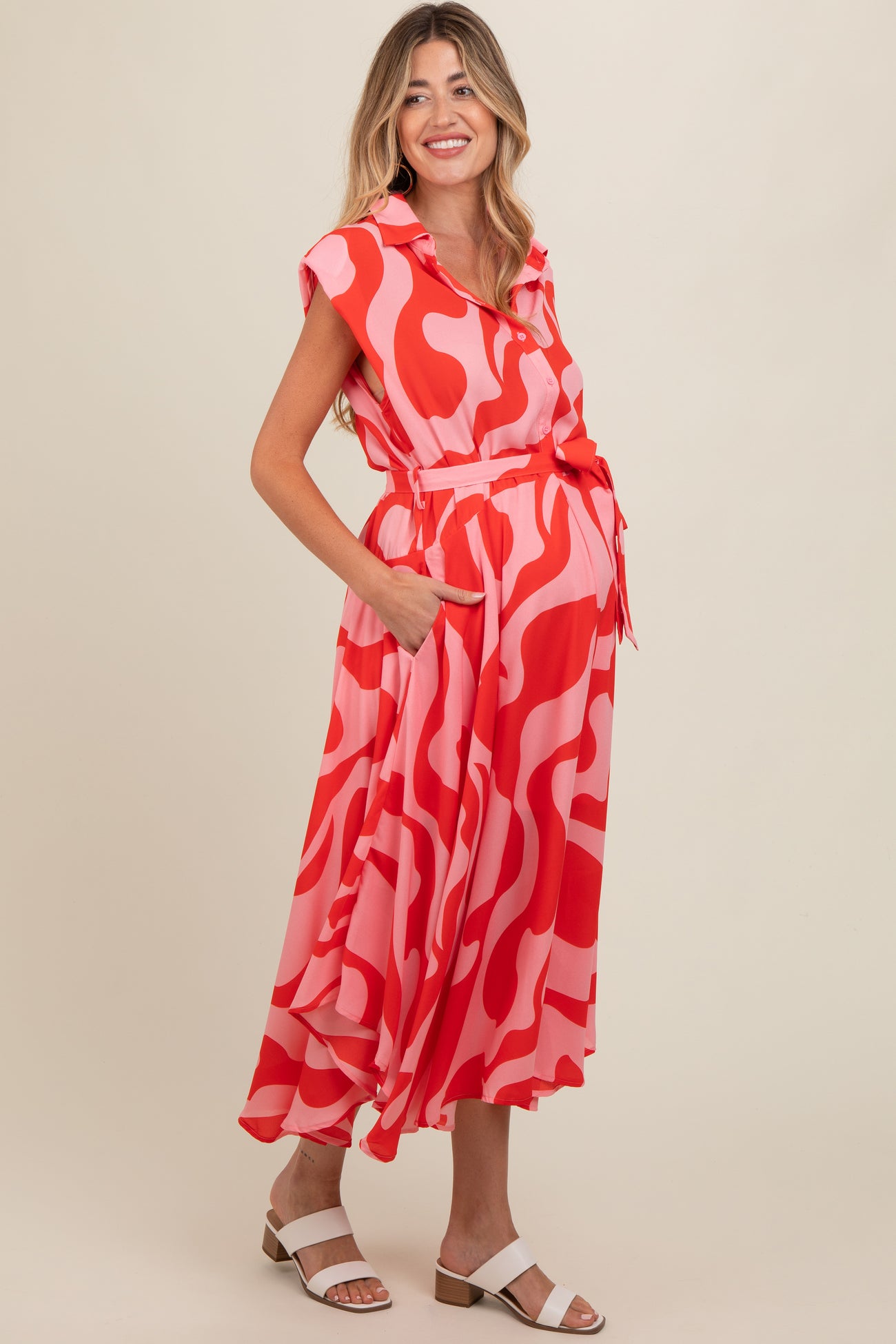 Red Abstract Print Collared Belted Maternity Dress