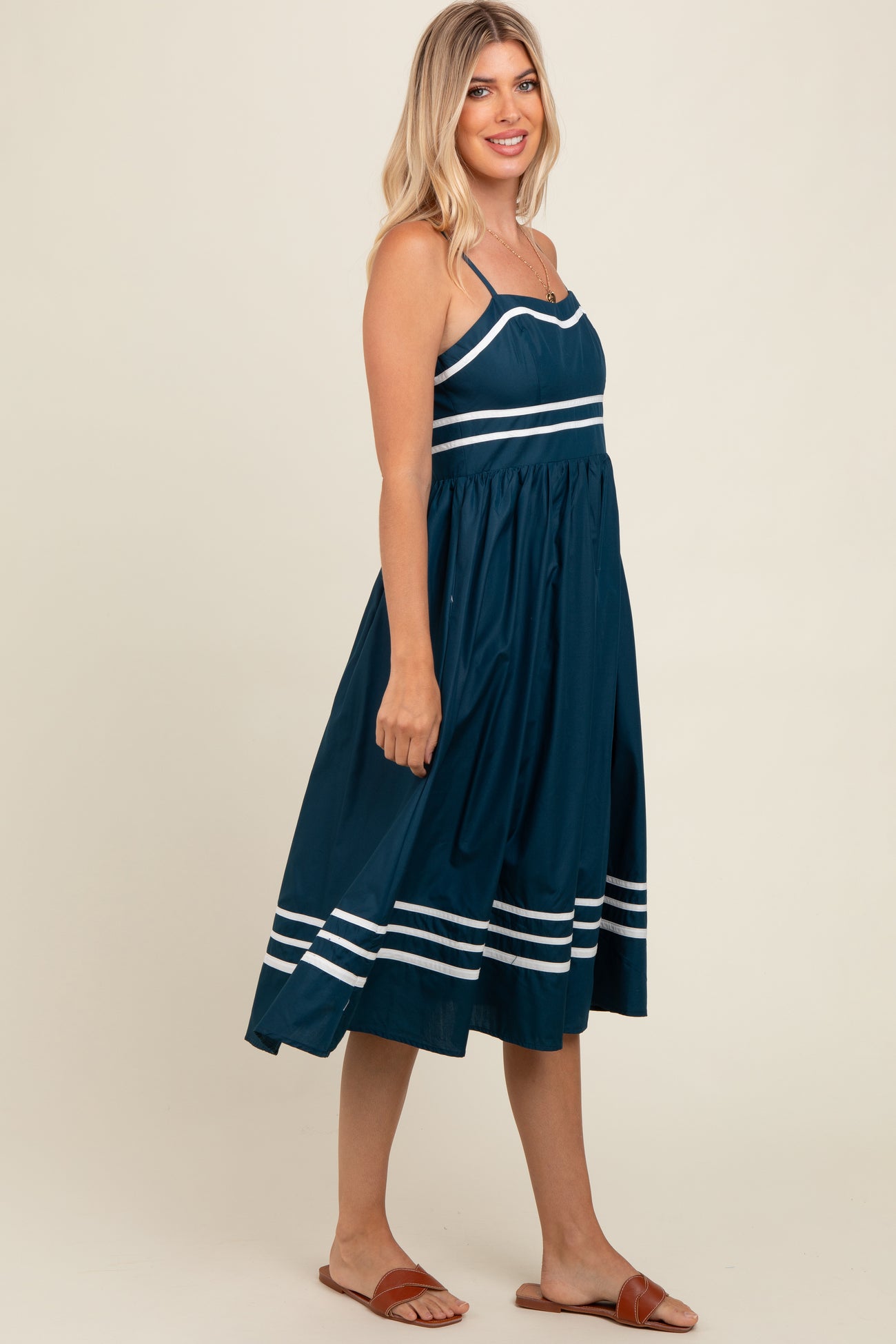 Navy Stripe Accent Midi Dress