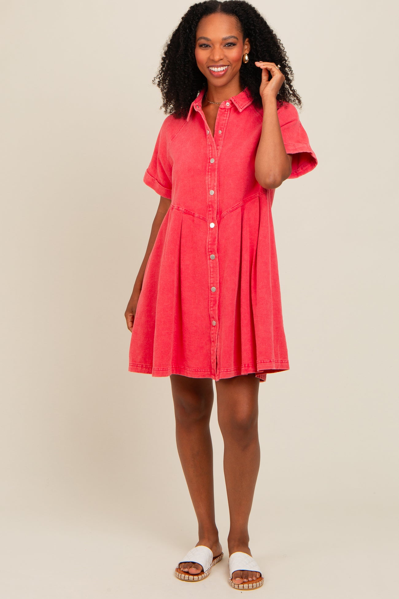 Red Denim Button Down Mini Dress