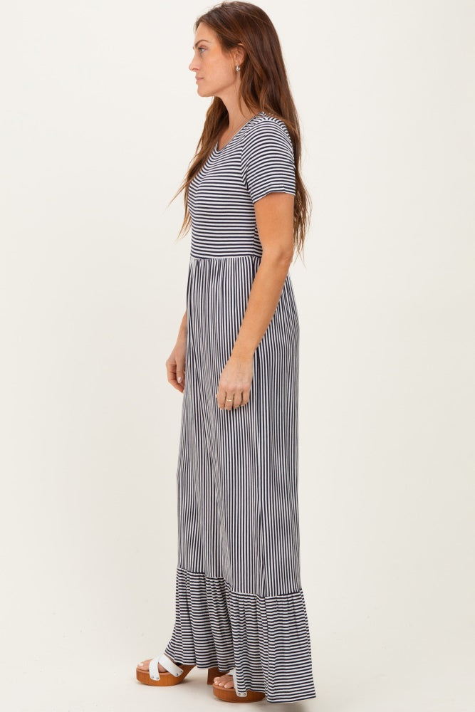 Navy Striped Short Sleeve Maxi Dress