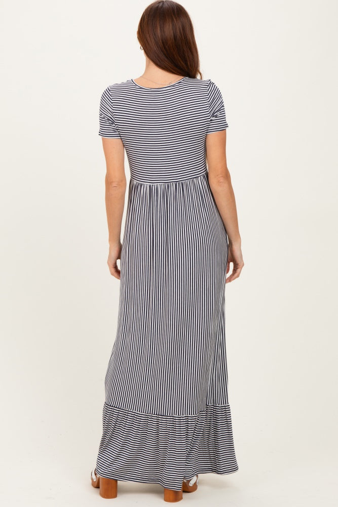Navy Striped Short Sleeve Maxi Dress
