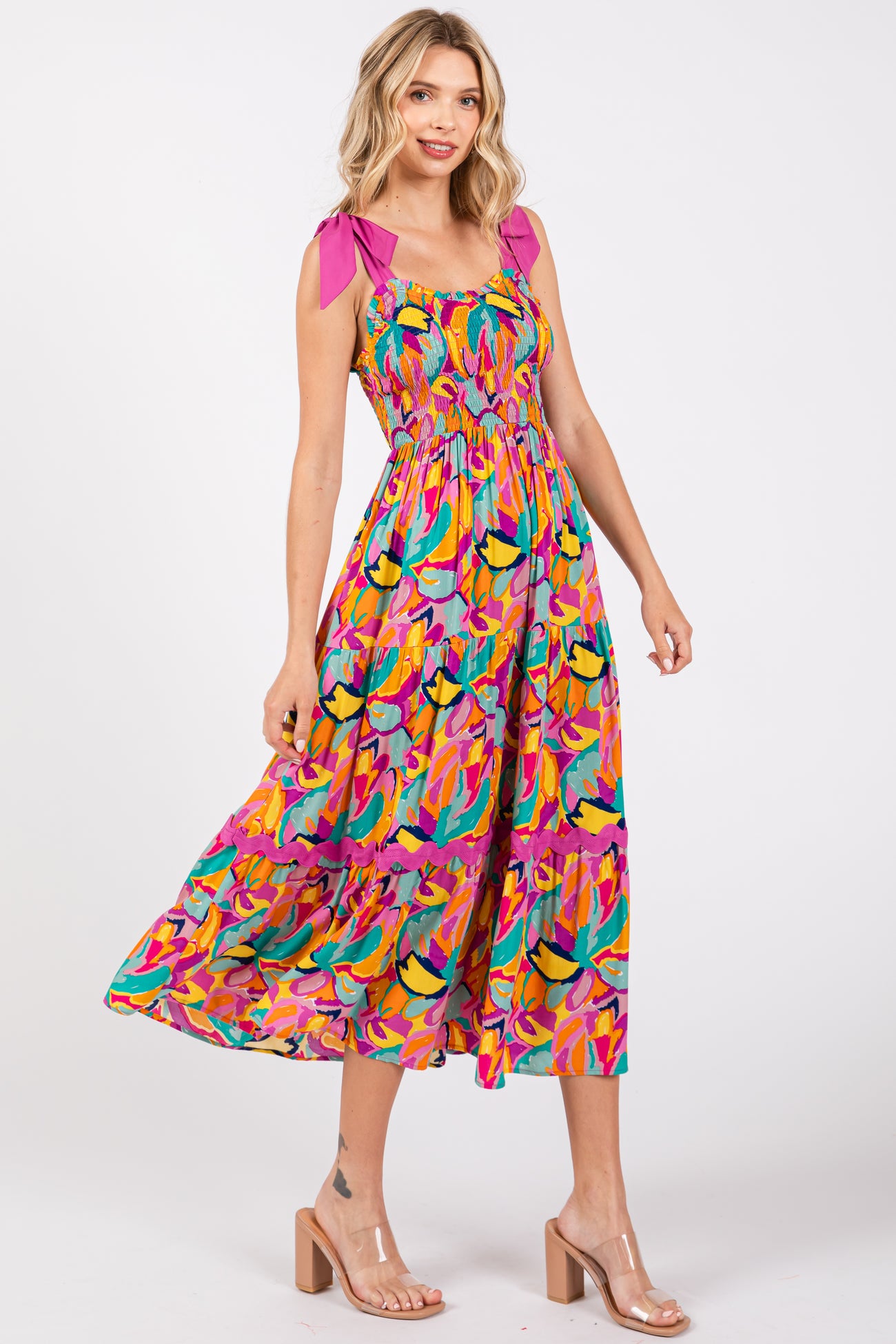Pink Green Printed Midi Dress