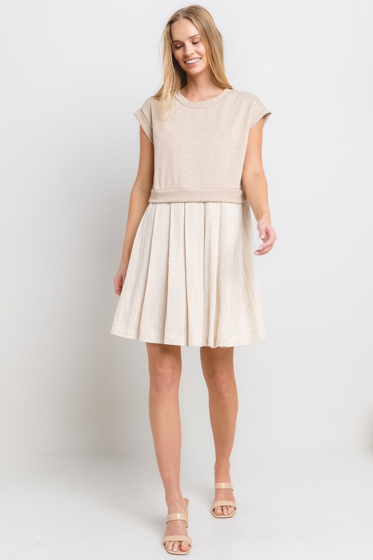 Oatmeal Contrast Pleated Mini Dress