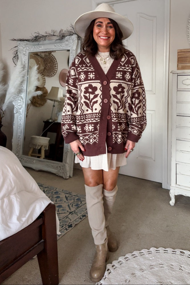 Mocha Printed Button Up Cardigan