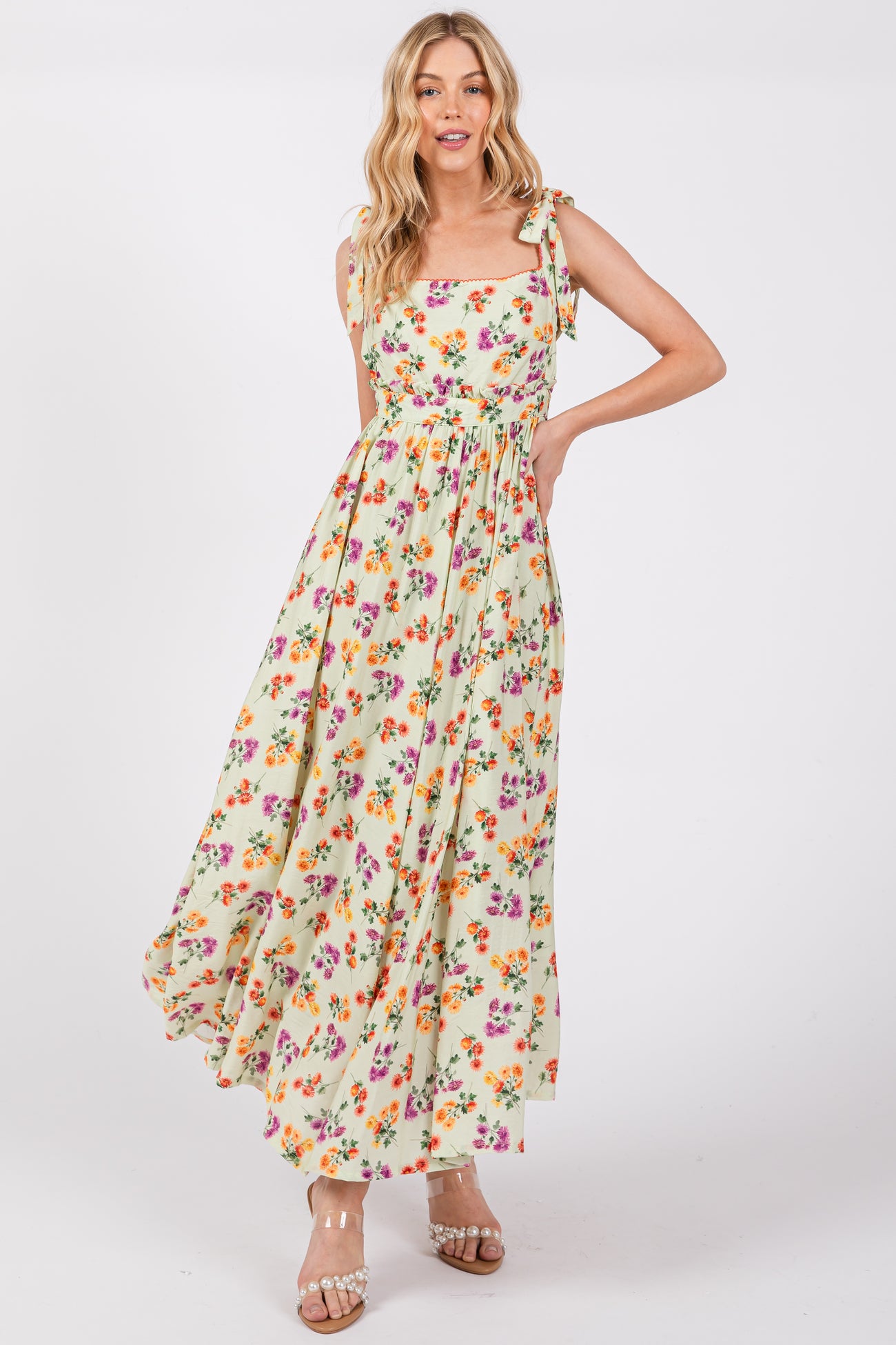 Light Olive Floral Open Back Maternity Midi Dress