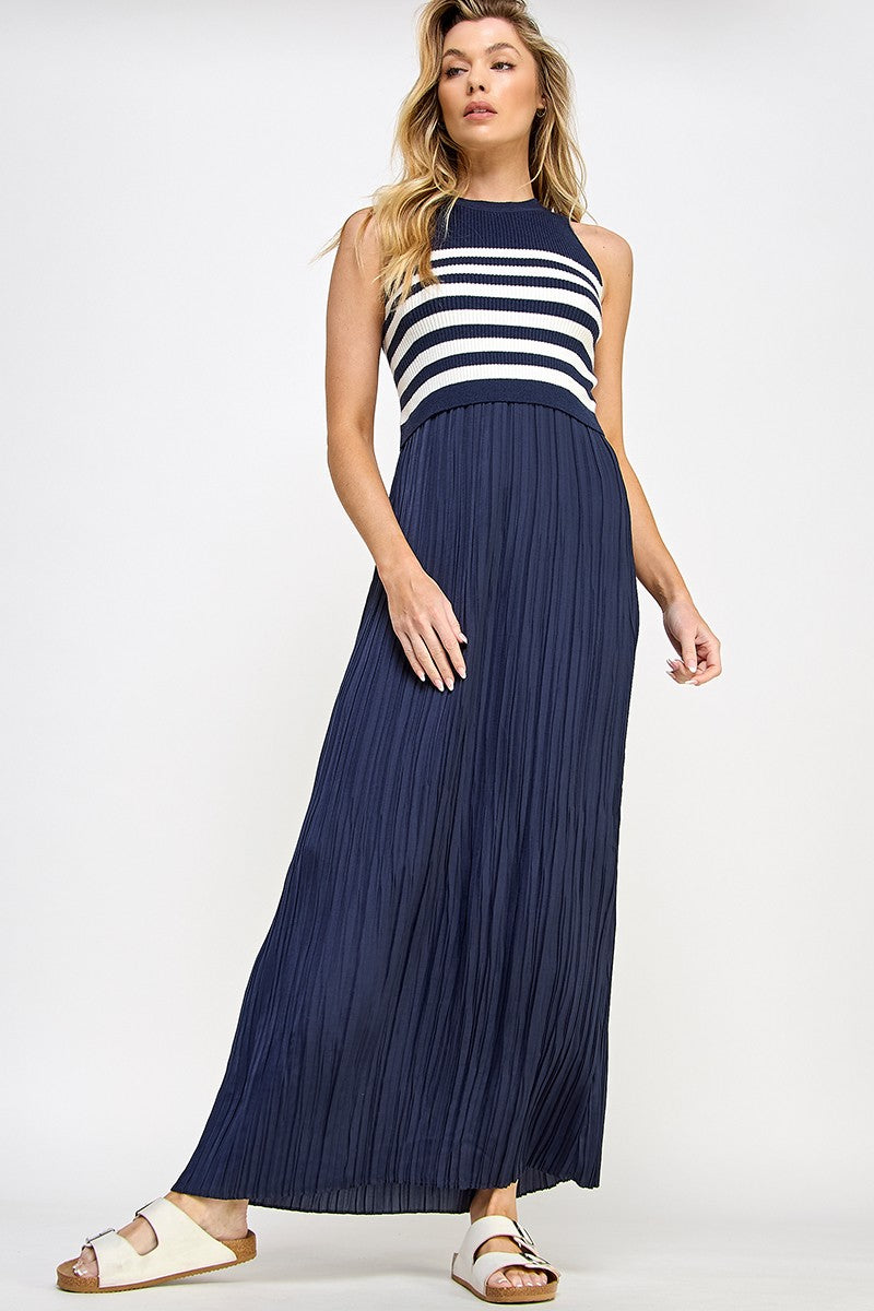 Navy Striped Contrast Knit Pleated Maxi Dress