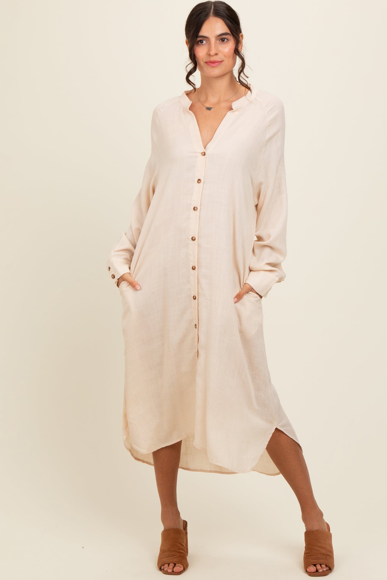 Beige Button Down Midi Dress