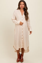 Beige Button Down Maternity Midi Dress
